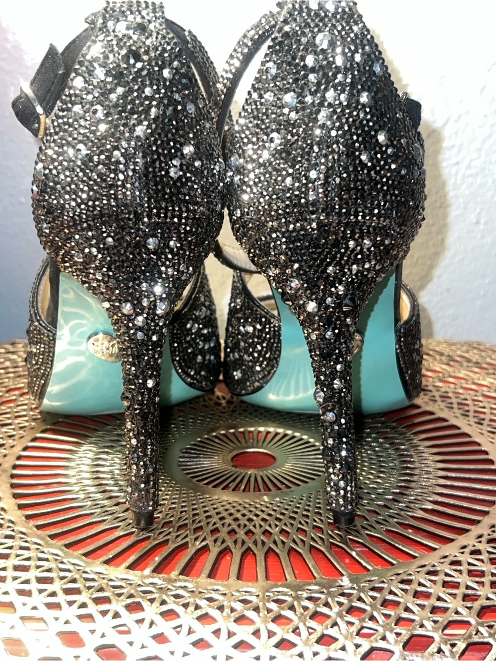 Betsey Johnson Black Crystal Embellished Strappy High Heel Sandal - Picture 6 of 10